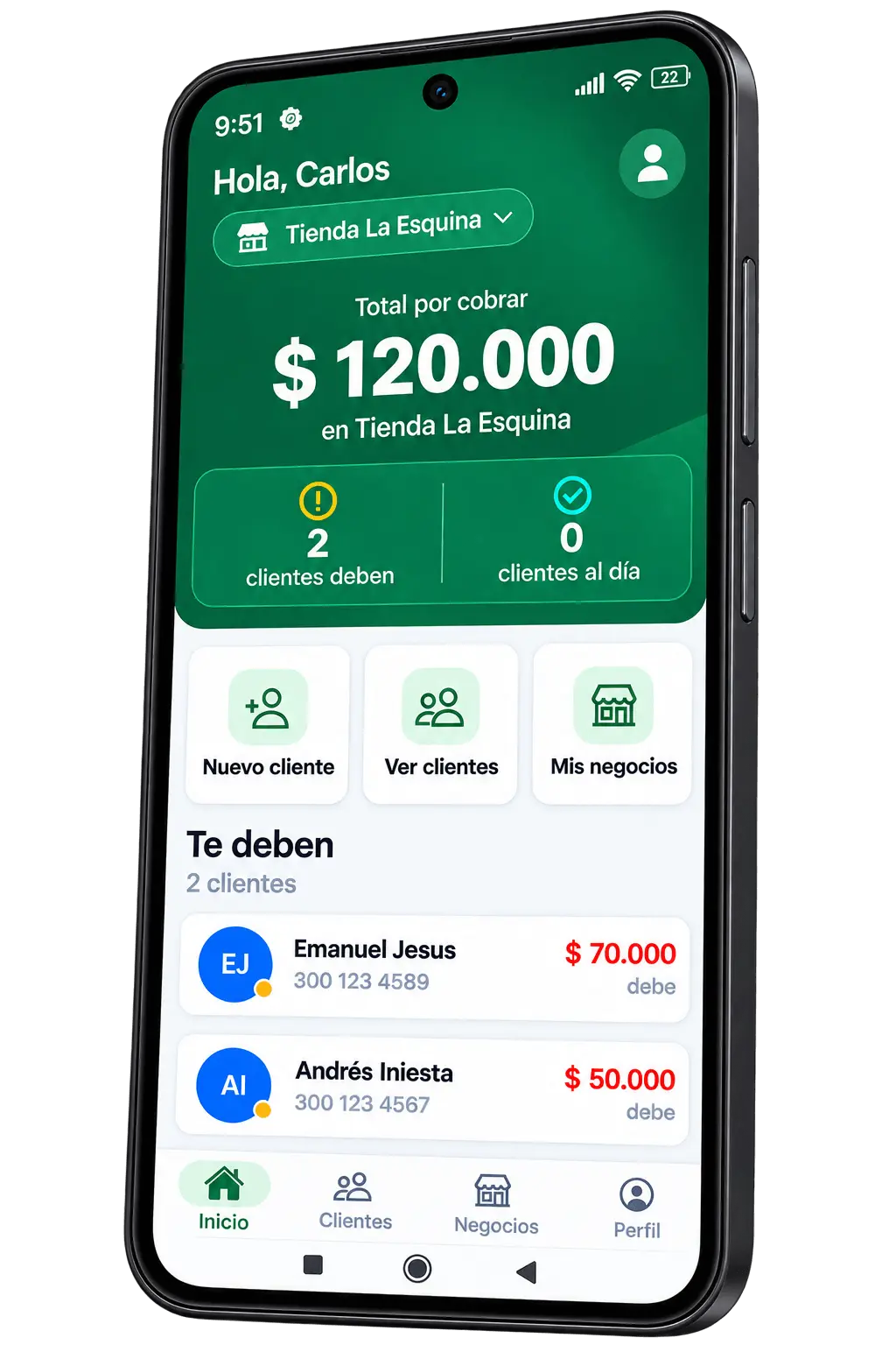 Pantalla de inicio de la app fiao en un celular: la tienda La Esquina tiene 120.000 pesos por cobrar y la lista de clientes que le deben